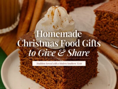 Slice of gingerbread cake topped with a swirl of whipped cream and a dusting of cinnamon, with the title ‘Homemade Christmas Food Gifts to Give & Share.’
