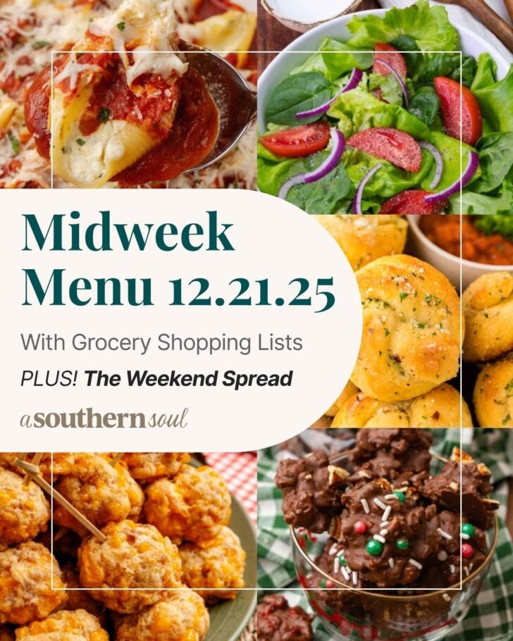 A grid of 5 midweek menu meal plan photos with a text overlay.