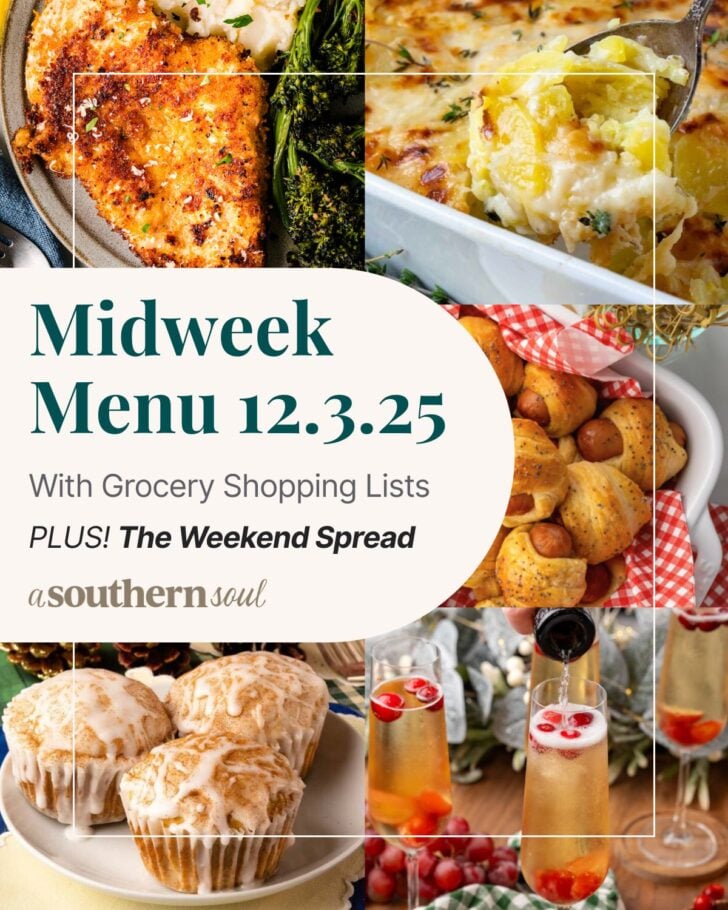 A grid of 5 midweek menu meal plan photos with a text overlay.
