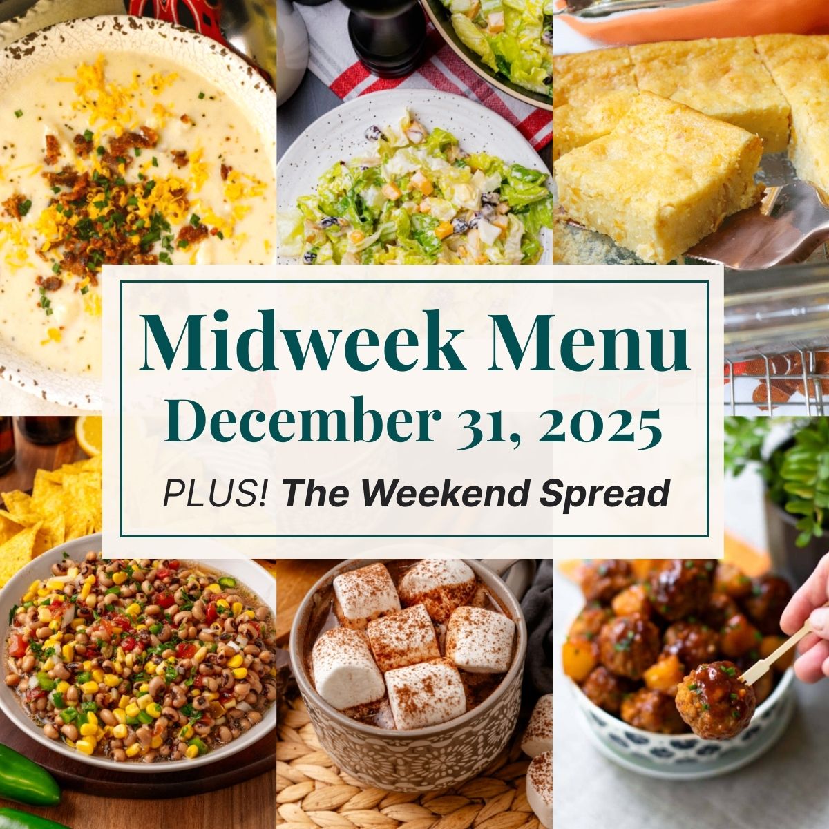 A grid of 6 midweek menu meal plan photos with a text overlay.