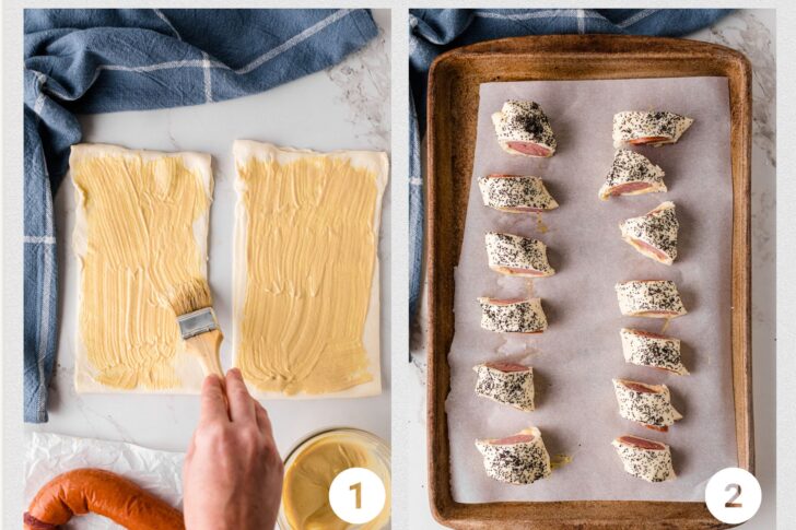 Process shot 1 (pastry with mustard):
Puff pastry sheet spread with a Dijon mustard and mayonnaise mixture before adding smoked sausage for big pigs in a blanket.
Process shot 2 (rolled and cut with poppy seeds):
Smoked sausage rolled in puff pastry, brushed with egg wash, sprinkled with poppy seeds, and sliced into pieces before baking.