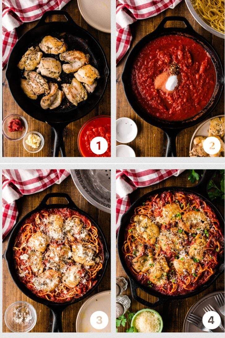 Process 1 (searing chicken)
Alt text: Seasoned chicken pieces searing in olive oil in a cast iron skillet to build flavor for skillet chicken spaghetti before adding the sauce.
Process 2 (making the sauce)
Alt text: Tomato paste and garlic cooking in the skillet, then crushed tomatoes added to create the quick tomato sauce used for one-skillet chicken spaghetti.
Process 3 (tossing spaghetti in sauce)
Alt text: Cooked spaghetti being stirred into the tomato sauce in the skillet so the noodles absorb flavor for skillet chicken spaghetti.
Process 4 (cheese finish)
Alt text: Skillet chicken spaghetti topped with Parmesan and broiled until bubbly, showing the melted cheese finish that makes this one-pan pasta extra comforting.