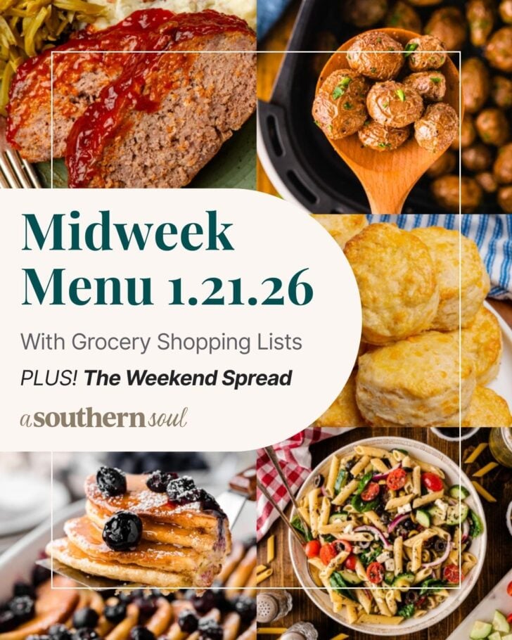 A grid of 5 midweek menu meal plan photos with a text overlay.