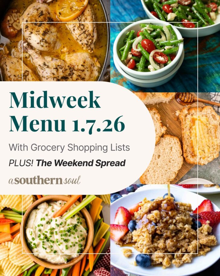 A grid of 5 midweek menu meal plan photos with a text overlay.
