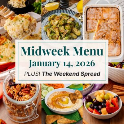 A grid of 6 midweek menu meal plan photos with a text overlay.