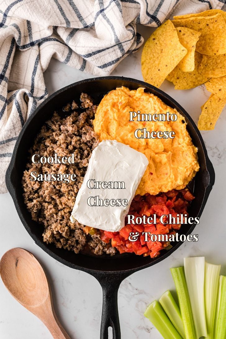 Simple ingredients (cooked sausage, pimento cheese, cream cheese, rotel tomatoes and chilies) for making pimento cheese sausage dip laid out before cooking, ready for a quick Southern appetizer.