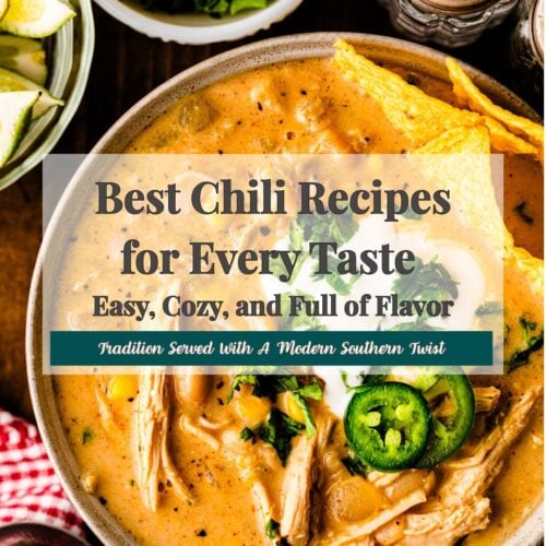 Best Chili Recipes for Every Taste Pinterest pin showing creamy chili in bowl with jalapeño slices, cornbread, and fresh cilantro garnish