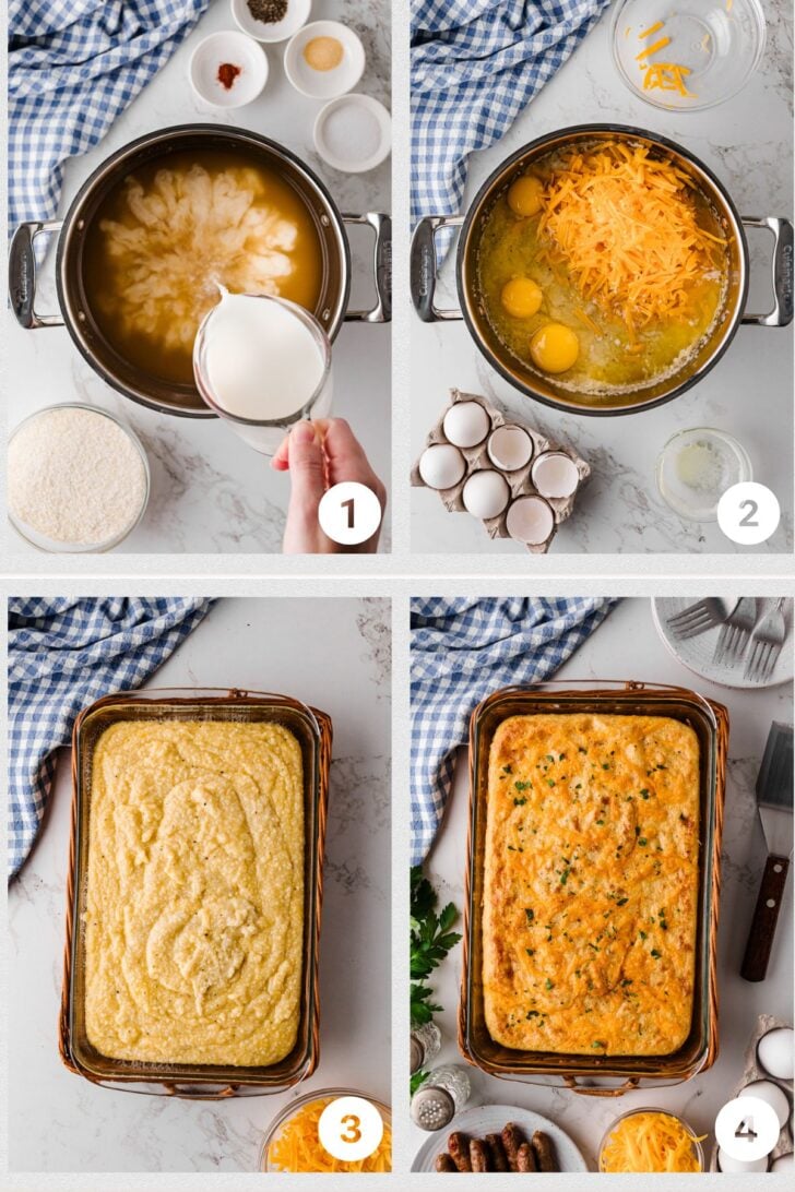 बेक्ड पनीर ग्रिट्स बनाने की चरण-दर-चरण प्रक्रिया, ग्रिट्स को पकाने से लेकर पनीर, अंडे जोड़ने और एक मलाईदार दक्षिणी कैसरोल में बेकिंग तक।