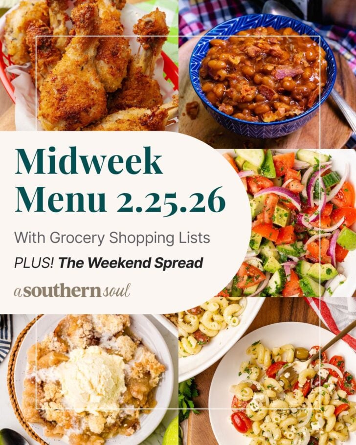 टेक्स्ट ओवरले के साथ 5 मध्य सप्ताह मेनू भोजन योजना फ़ोटो का ग्रिड।