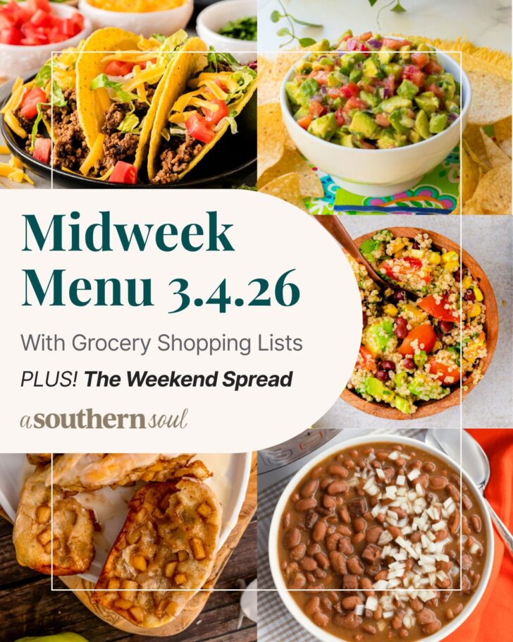 टेक्स्ट ओवरले के साथ 5 मध्य सप्ताह मेनू भोजन योजना फ़ोटो का ग्रिड।