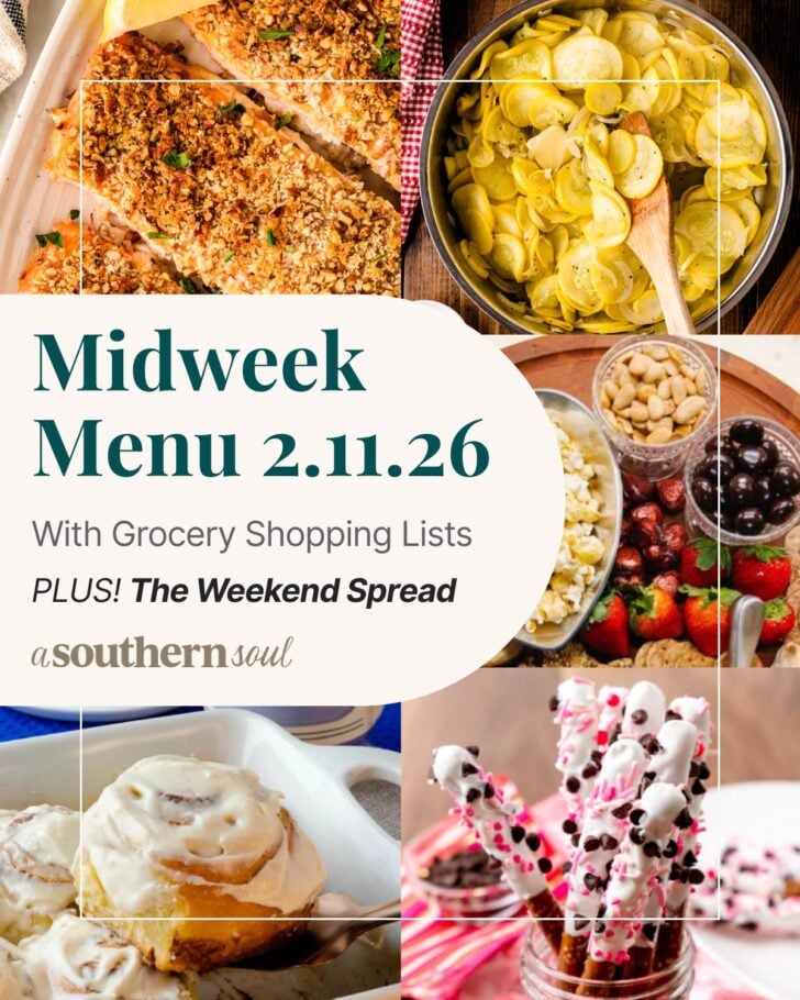 टेक्स्ट ओवरले के साथ 5 मध्य सप्ताह मेनू भोजन योजना फ़ोटो का ग्रिड।