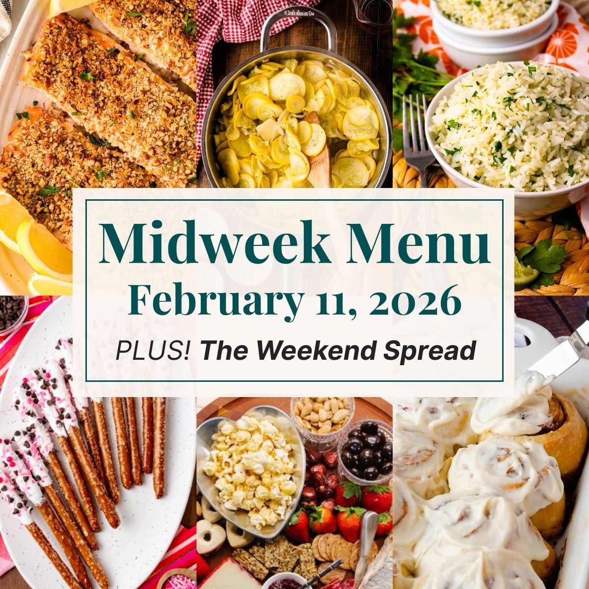 A grid of 6 midweek menu meal plan photos with a text overlay.
