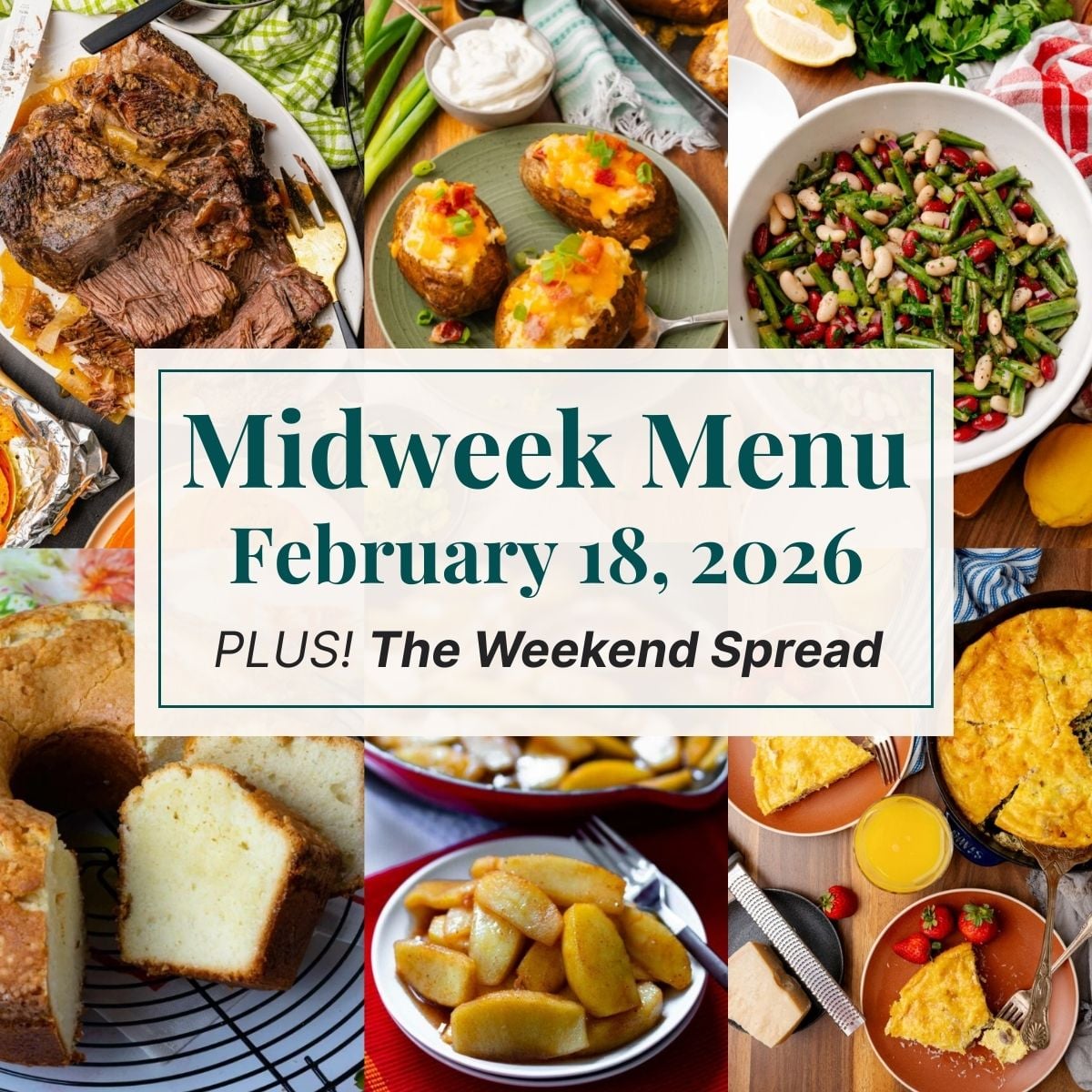 A grid of 6 midweek menu meal plan photos with a text overlay.