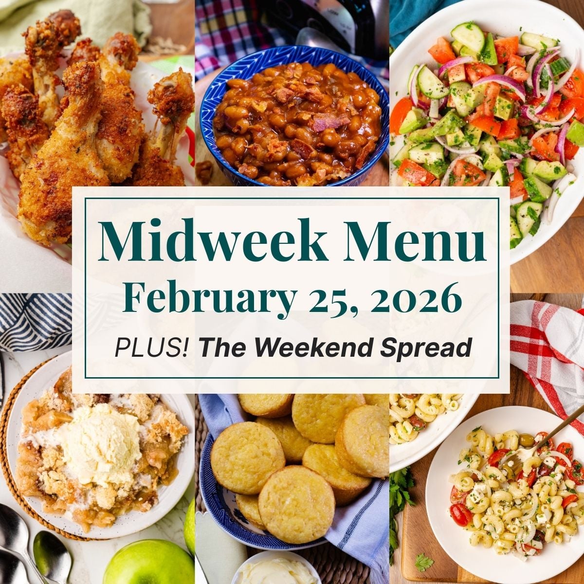 A grid of 6 midweek menu meal plan photos with a text overlay.