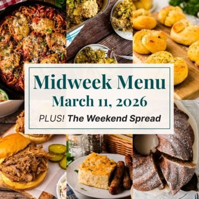 A grid of 6 midweek menu meal plan photos with a text overlay.