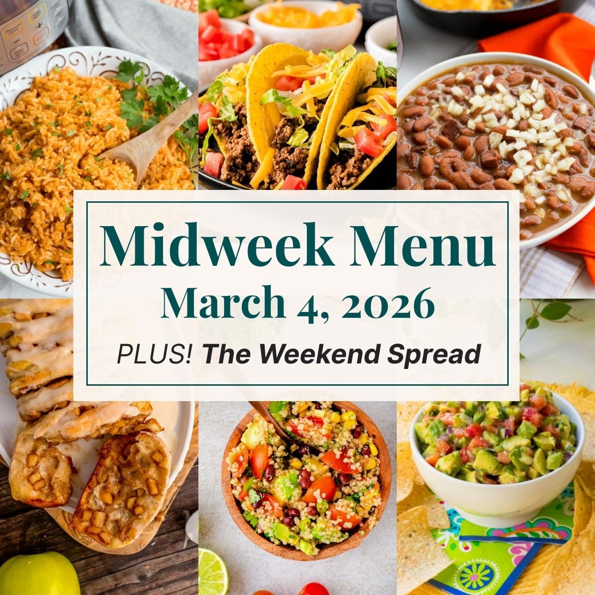 A grid of 6 midweek menu meal plan photos with a text overlay.