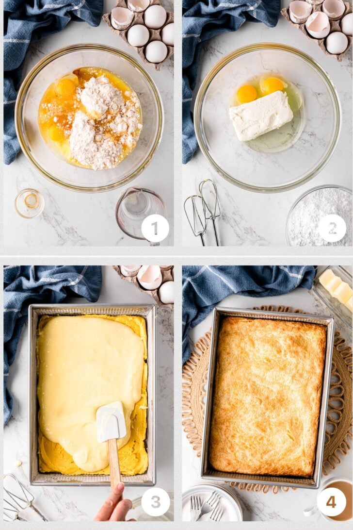 चरण-दर-चरण फ़ोटो में दिखाया गया है कि नीमन मार्कस केक कैसे बनाया जाता है, बैटर मिलाने से लेकर इसे पैन में फैलाने और सुनहरा होने तक बेक करने तक।