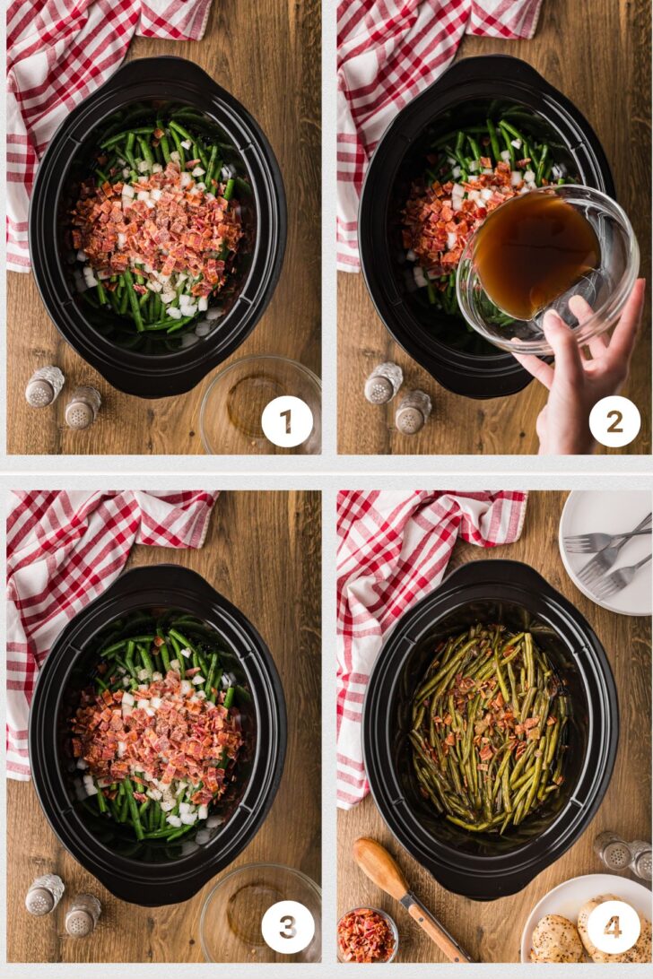 फोटो1 - धीमी कुकर में डालने के लिए तैयार कड़ाही में कुरकुरा कटा हुआ बेकन और भुने हुए प्याज। फोटो 2 - खाना पकाने से पहले एक क्रॉक पॉट में हरी बीन्स, बेकन और सॉस की सामग्री बिछाई गई। फोटो 3 - पकाने के लिए तैयार क्रॉक पॉट में सभी सामग्री। फोटो 4 - काले क्रॉक पॉट में बेकन के साथ पकी हुई हरी फलियाँ