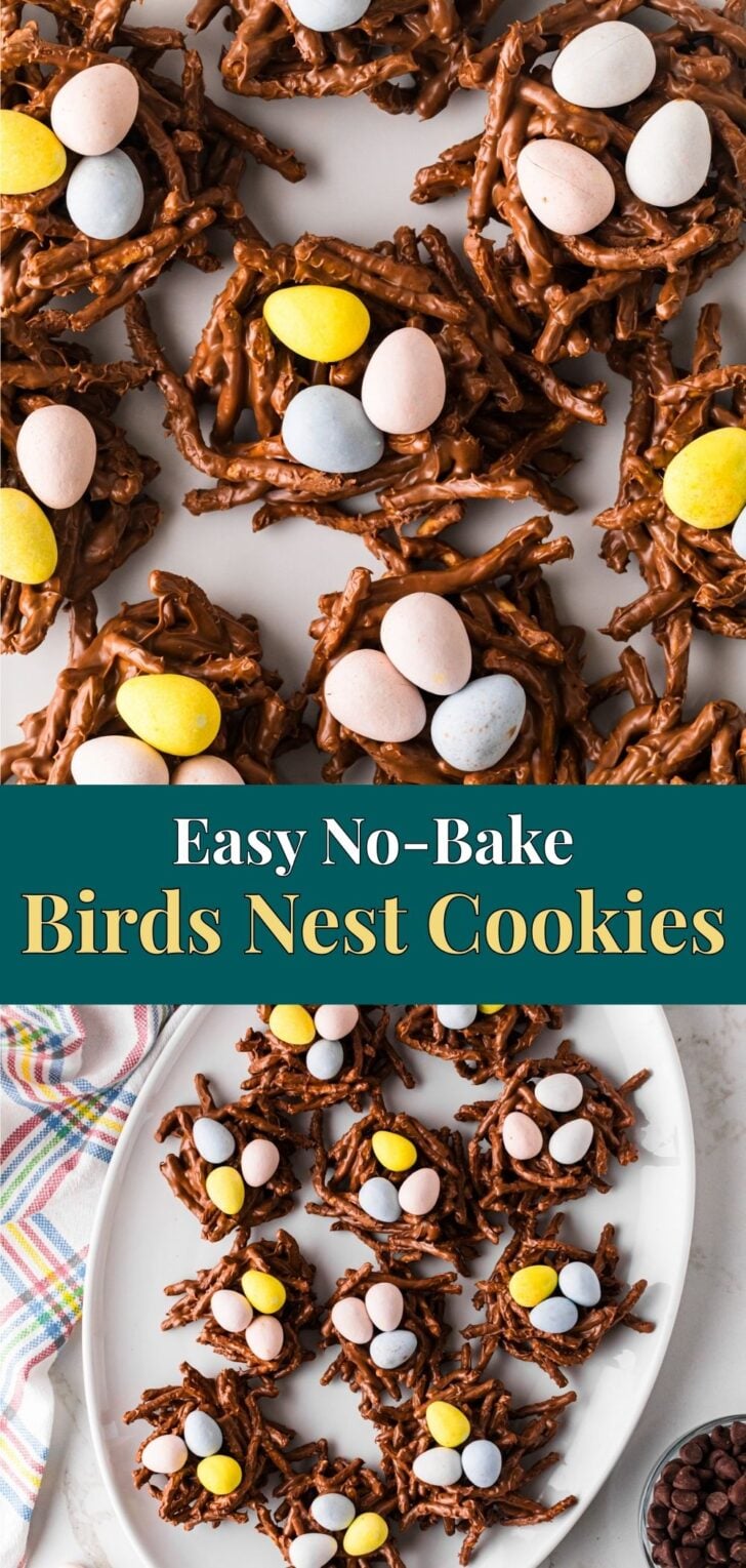 Pinterest pin image for Easy No-Bake Bird's Nest Cookies