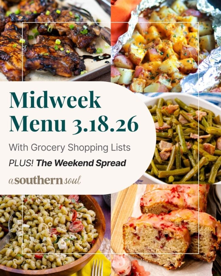 टेक्स्ट ओवरले के साथ 5 मध्य सप्ताह मेनू भोजन योजना फ़ोटो का ग्रिड।