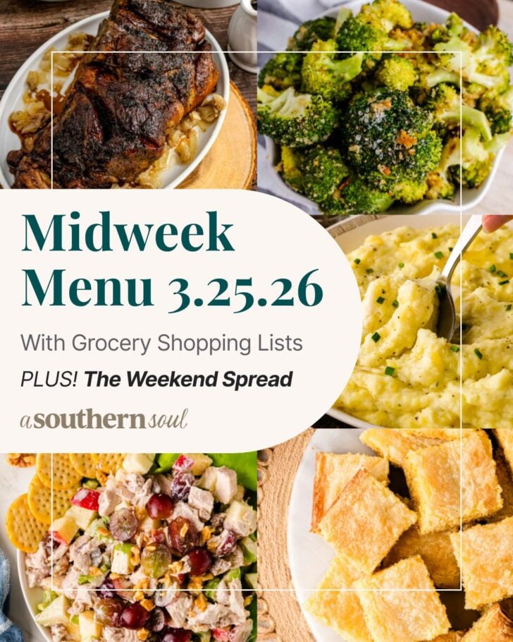 टेक्स्ट ओवरले के साथ 5 मध्य सप्ताह मेनू भोजन योजना फ़ोटो का ग्रिड।