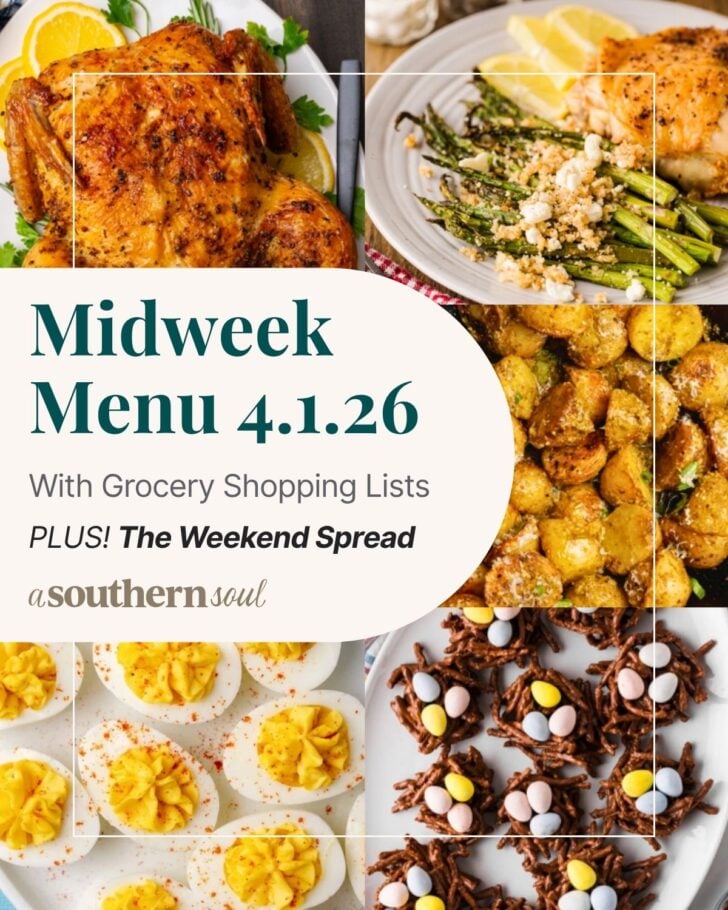 A grid of 5 midweek menu meal plan photos with a text overlay.