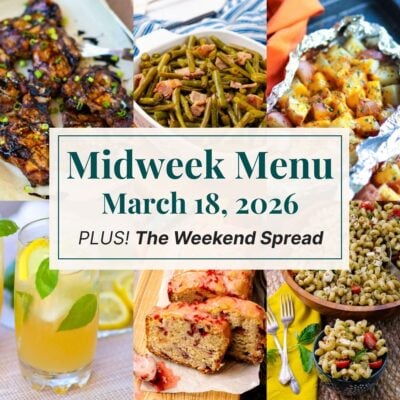 A grid of 6 midweek menu meal plan photos with a text overlay.