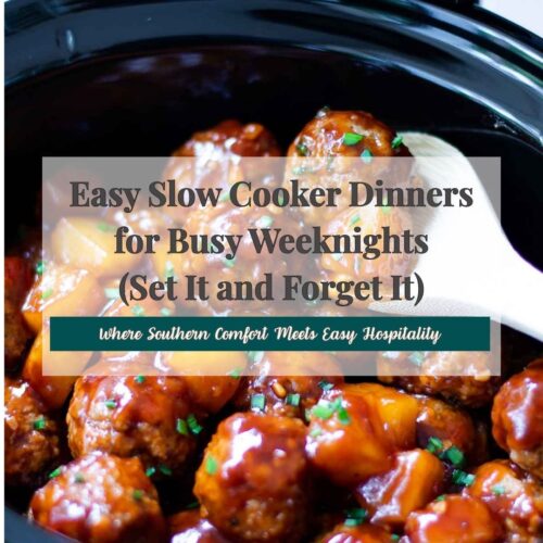 Glazed meatballs in slow cooker with green onion garnish, CROCK POT ROUND UP 2026 Pinterest pin for easy weeknight dinners
