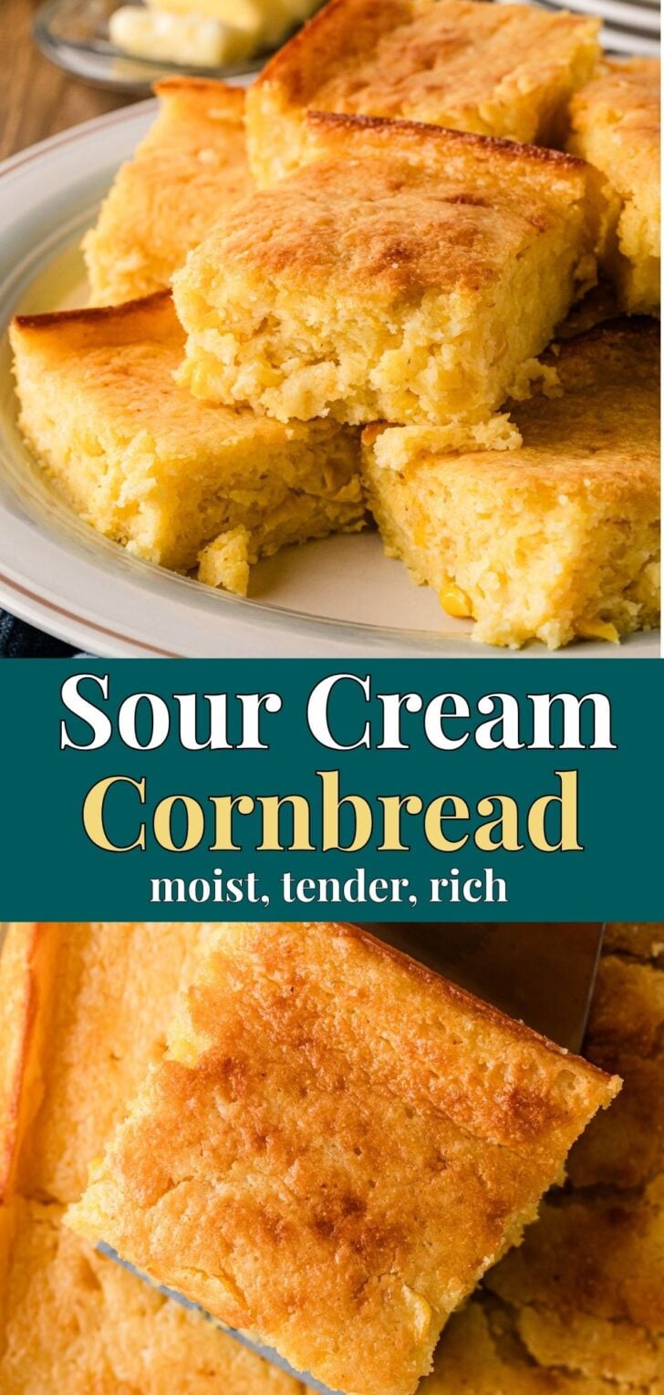 Golden sour cream cornbread sliced on white plate, showcasing moist tender crumb texture of this classic Southern recipe Pinterest pin