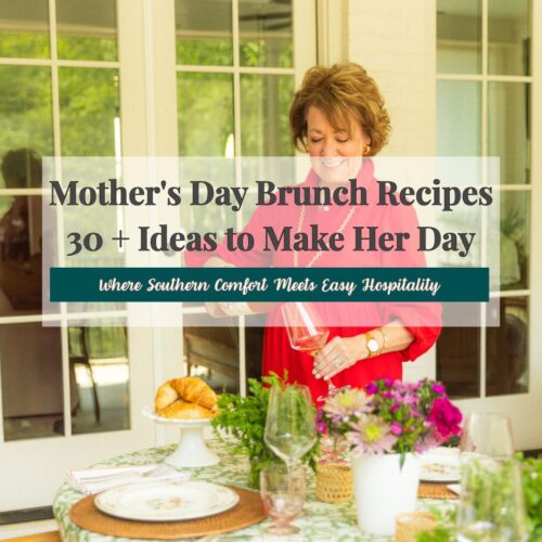 Woman in pink setting elegant brunch table with flowers and croissants for Mother's Day Brunch Recipes 30+ Ideas to Make Her Day Pinterest p