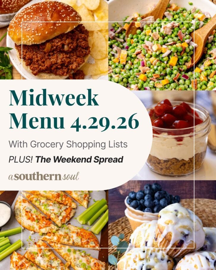 A grid of 5 midweek menu meal plan photos with a text overlay.