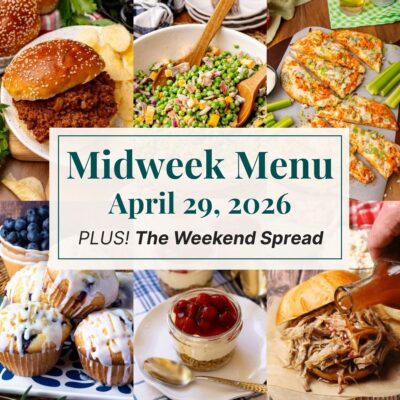 A grid of 6 midweek menu meal plan photos with a text overlay.