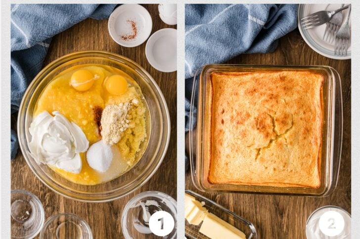 1 - Sour cream cornbread batter mixed together in a bowl showing the creamy, golden mixture before baking.
2 - Golden sour cream cornbread fresh from the oven in a cast iron skillet with a crispy, deep golden crust on top.