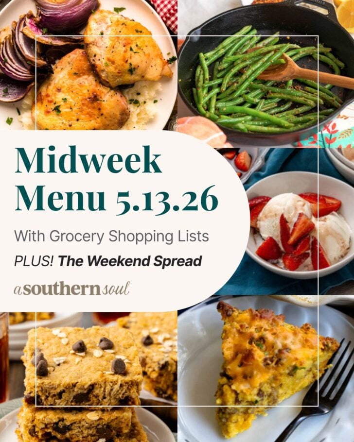 A grid of 5 midweek menu meal plan photos with a text overlay.
