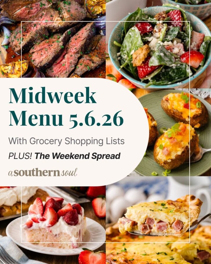 A grid of 5 midweek menu meal plan photos with a text overlay.