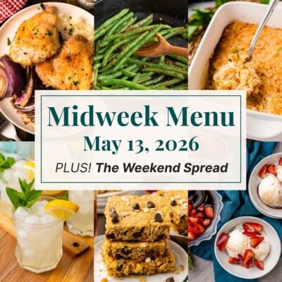 A grid of 6 midweek menu meal plan photos with a text overlay.