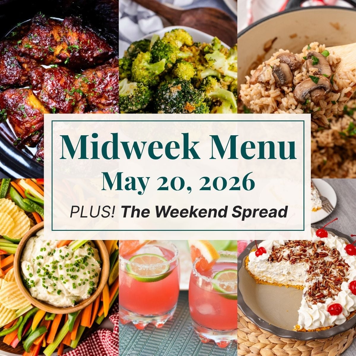 A grid of 6 midweek menu meal plan photos with a text overlay.