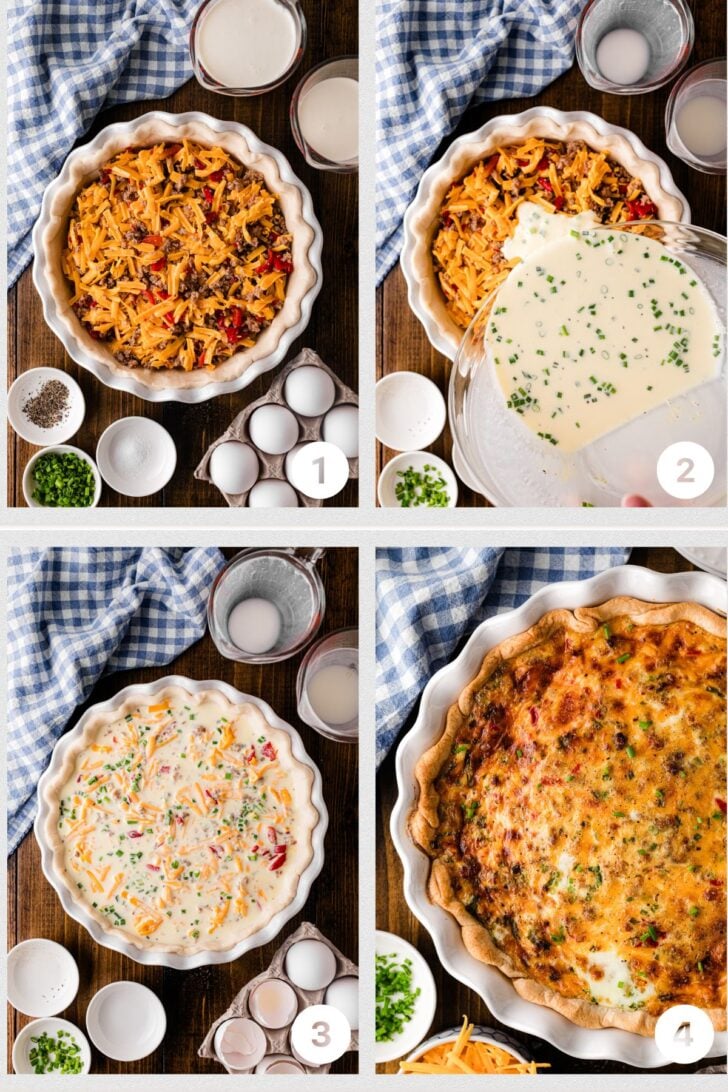 Step-by-step process shots showing how to make pimento cheese sausage quiche — browning and draining sausage, whisking the egg custard, layering the filling into the pie crust, and the finished quiche fresh from the oven.