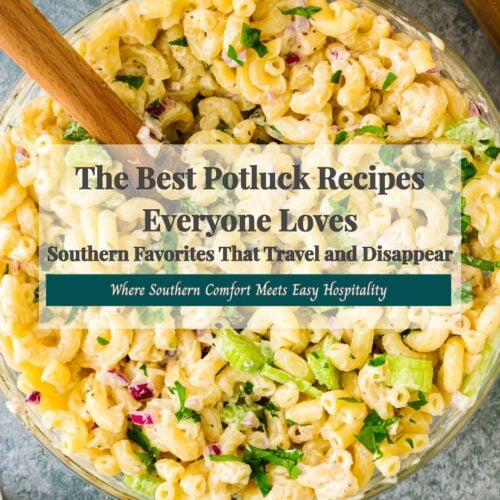 Glass bowl of creamy elbow macaroni salad with ham, celery, and parsley garnish, wooden spoon visible, Pinterest pin for POTLUCK 2026