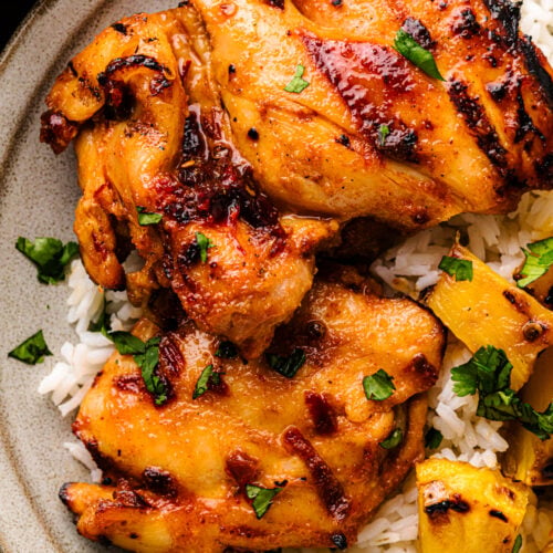 Grilled chipotle chicken thighs served over rice with pineapple and fresh herbs
