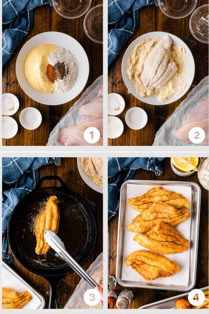 Step-by-step collage showing seasoned cornmeal coating, dredged catfish fillets, frying in a skillet, and finished fried catfish.