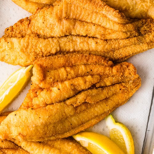 Fried catfish fillets on a plate with lemon wedges.