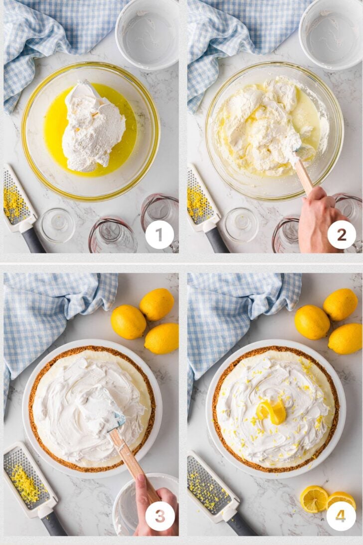 Four step process for making no-bake lemon icebox pie including roasting the Jello, folding in Cool Whip, filling the crust, and topping with whipped cream.