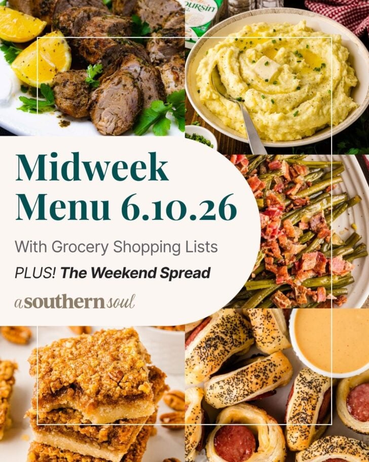 A photo grid of 5 photos for a midweek menu meal plan with a text overlay.