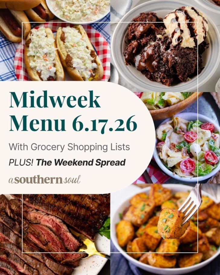 A photo grid of 5 photos for a midweek menu meal plan with a text overlay.