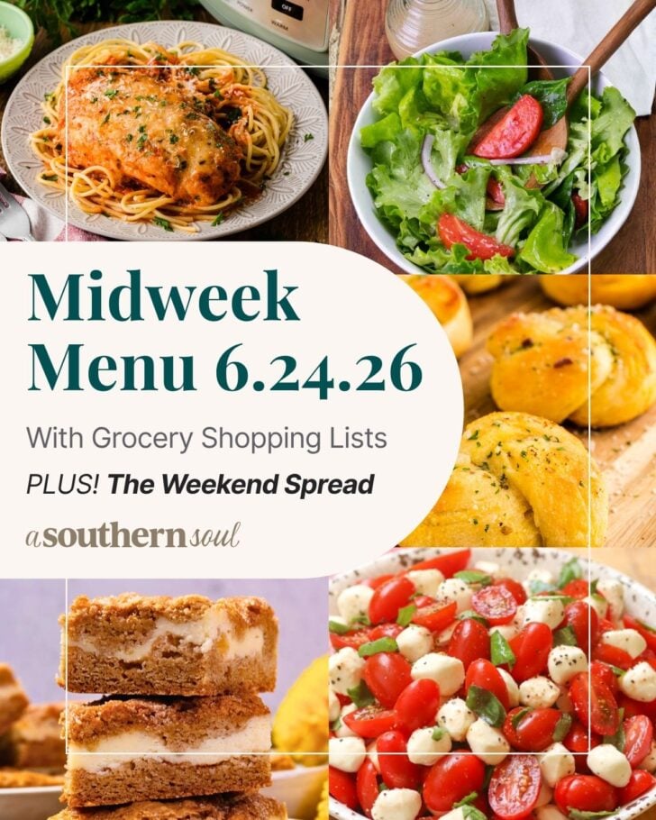 A photo grid of 5 photos for a midweek menu meal plan with a text overlay.