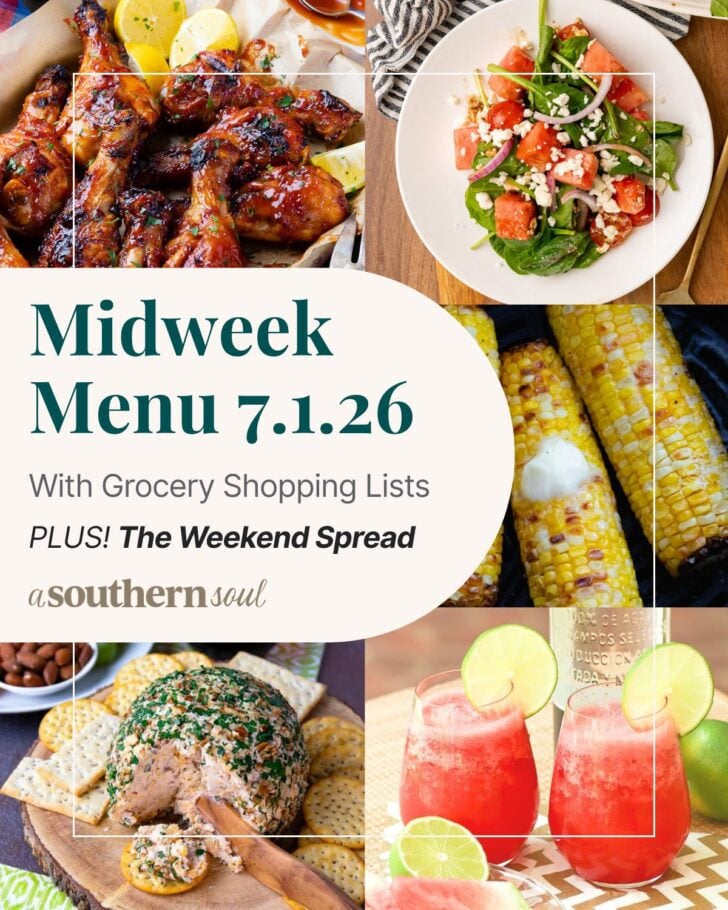 A photo grid of 5 photos for a midweek menu meal plan with a text overlay.