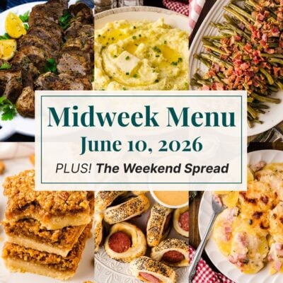 A grid of 6 midweek menu meal plan photos with a text overlay.