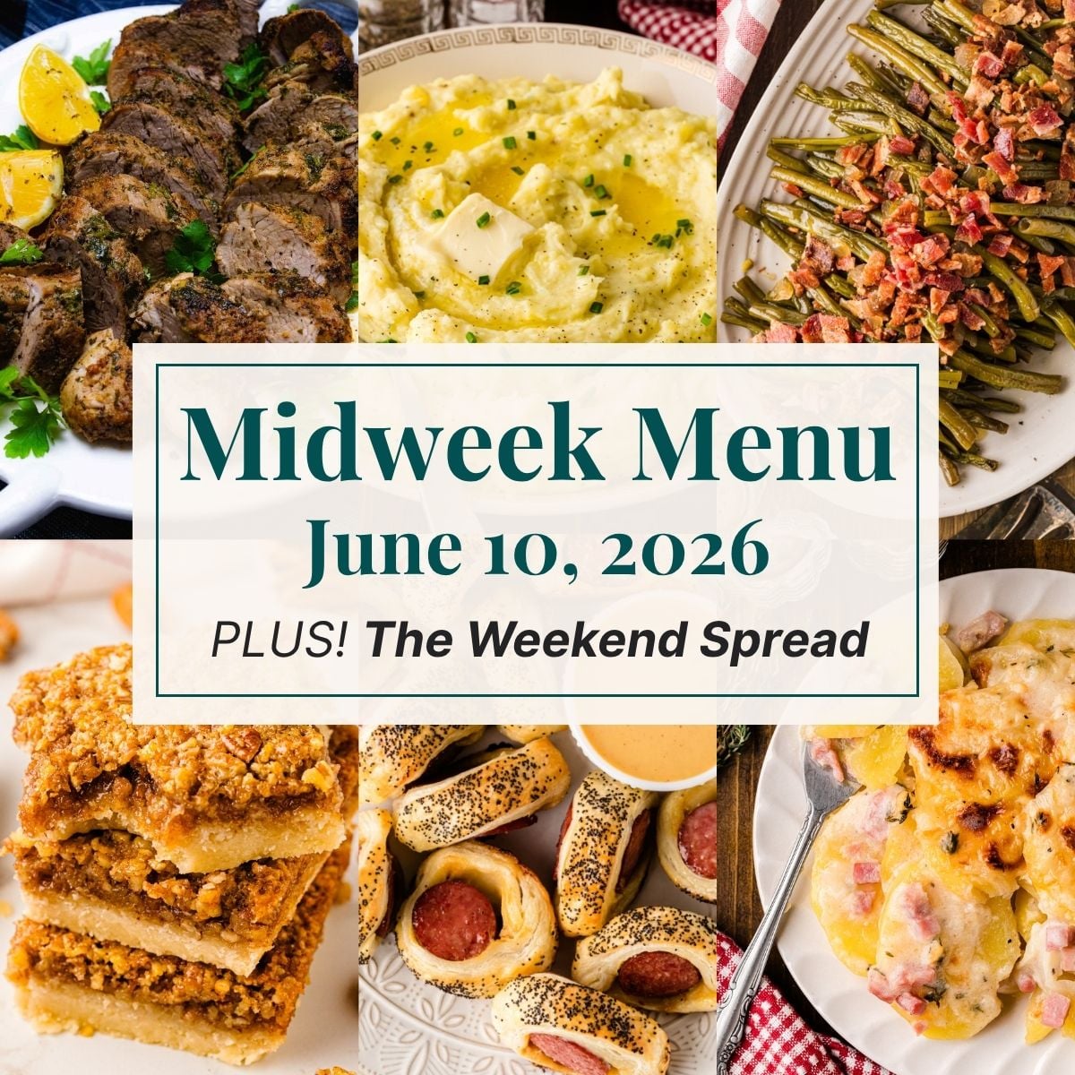 A grid of 6 midweek menu meal plan photos with a text overlay.