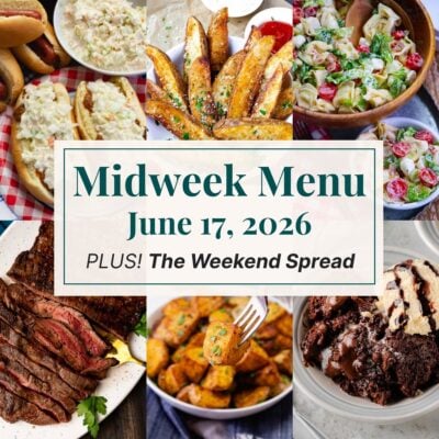 A grid of 6 midweek menu meal plan photos with a text overlay.